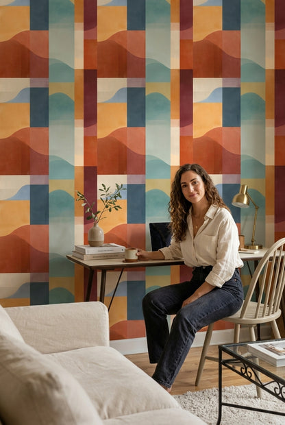 Retro Geometrik Duvar Kağıdı Turuncu Mavi Desenli Salon