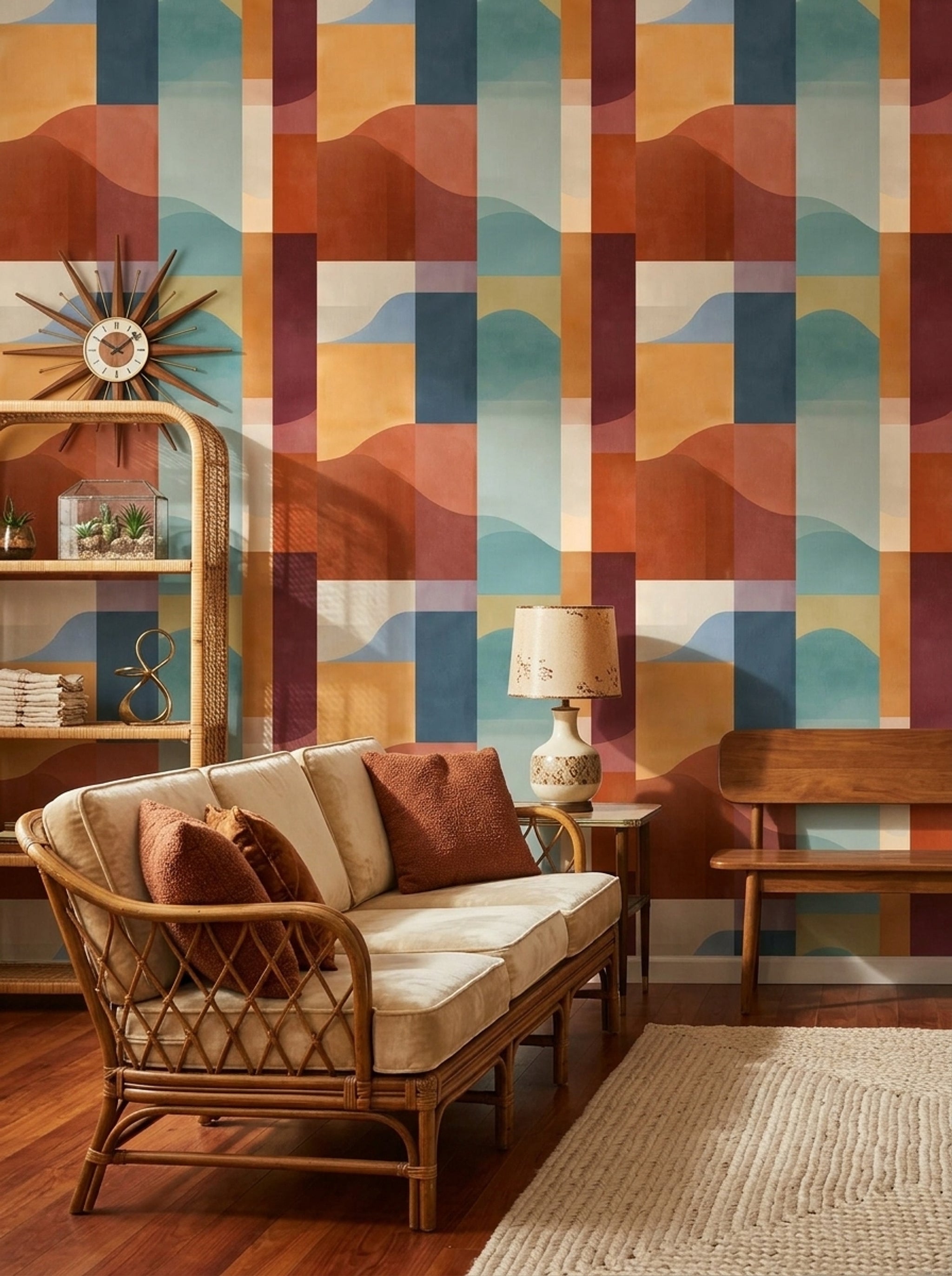Retro Geometrik Duvar Kağıdı Turuncu Mavi Desenli Salon