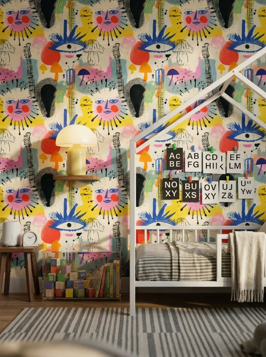 Renkli Soyut Yüz Desenli Duvar Kağıdı Modern Çocuk Odası