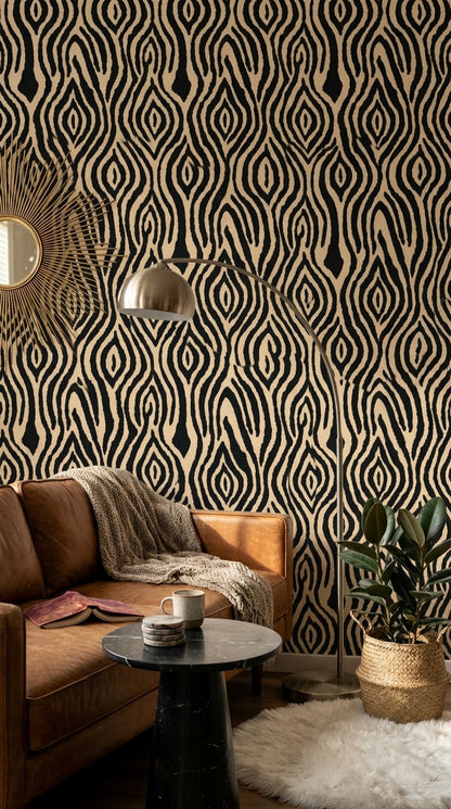 Siyah Bej Geometrik Desenli Duvar Kağıdı Modern Salon
