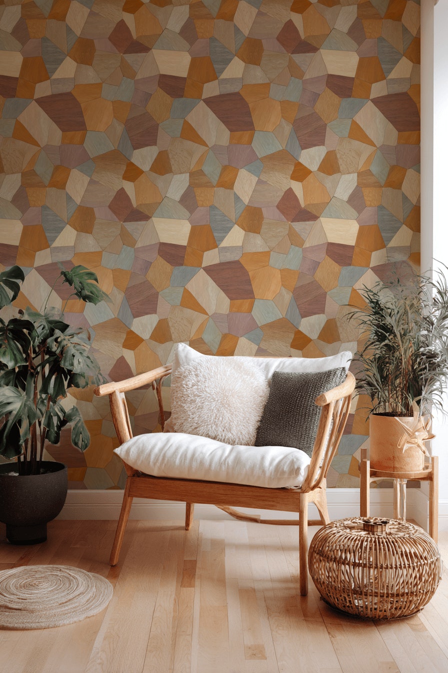 Ahşap Görünümlü Geometrik Duvar Kağıdı Bej Kahverengi Salon