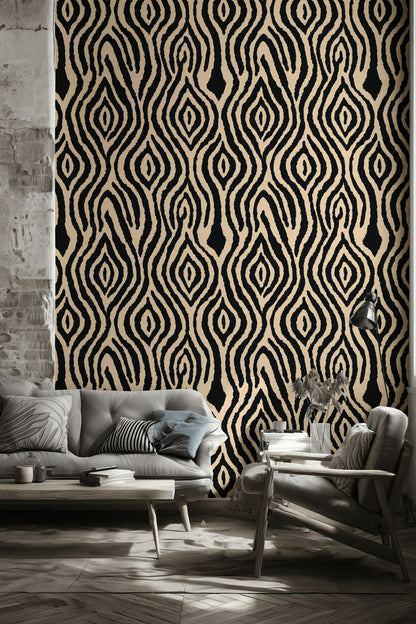 Siyah Bej Geometrik Desenli Duvar Kağıdı Modern Salon