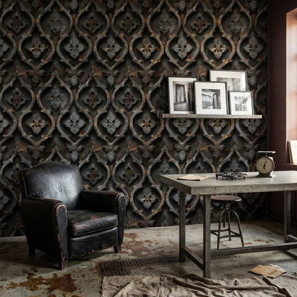 Gotik Kafes Desenli Duvar Kağıdı Antrasit Rustik Salon