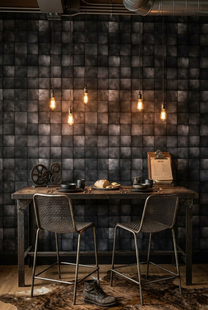 Antrasit Kare Fayans Görünümlü Duvar Kağıdı Modern Salon