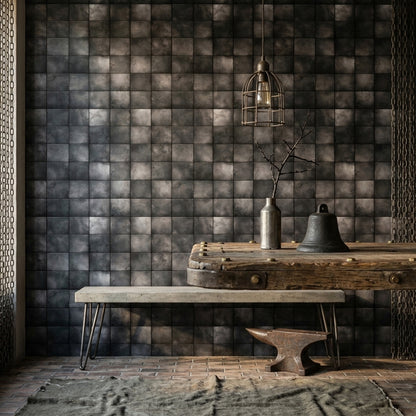 Antrasit Kare Fayans Görünümlü Duvar Kağıdı Modern Salon
