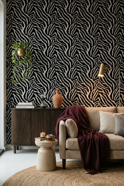 Zebra Desenli Duvar Kağıdı Siyah Beyaz Salon Dekoru