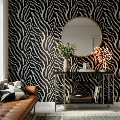 Zebra Desenli Duvar Kağıdı Siyah Beyaz Salon Dekoru