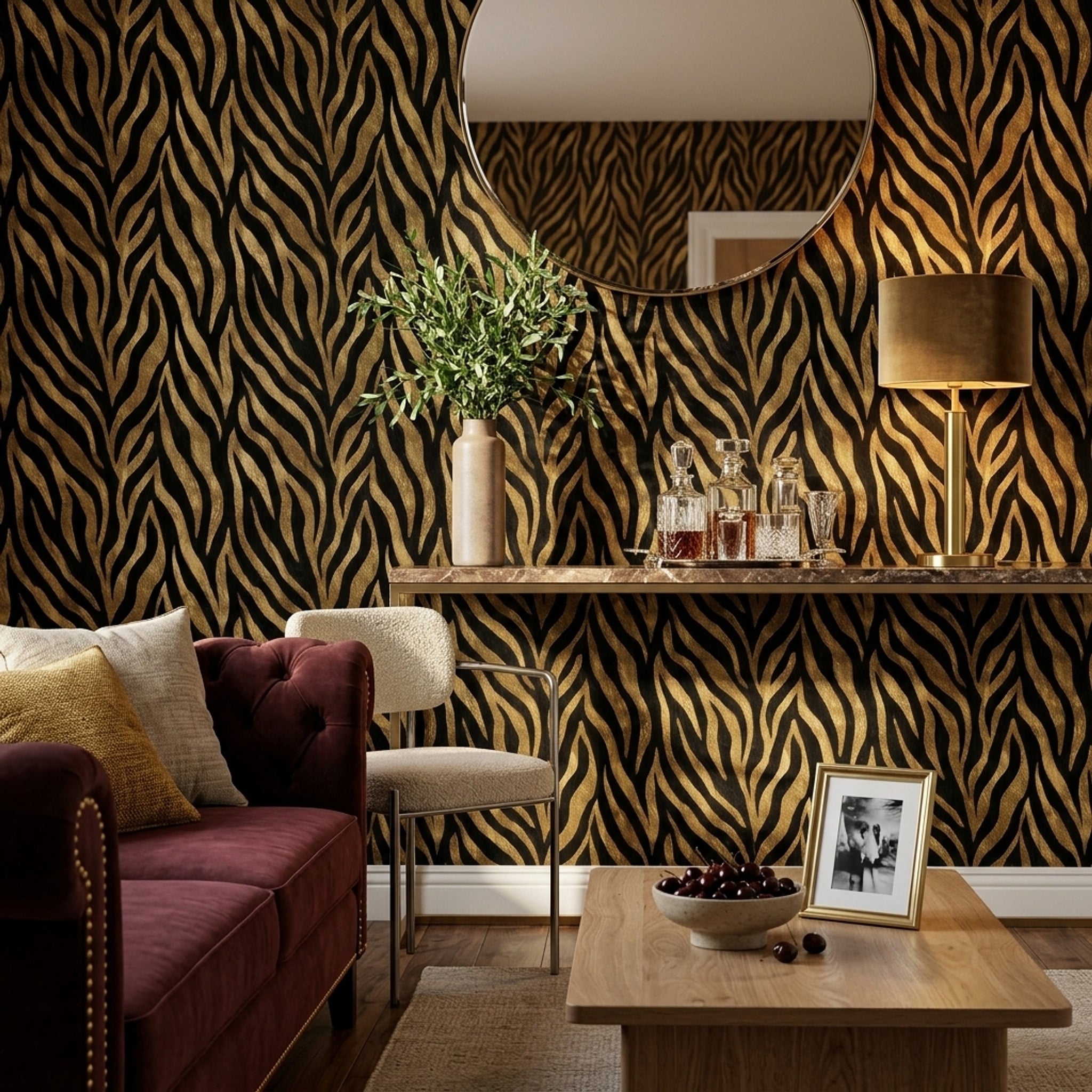 Zebra Desenli Duvar Kağıdı Siyah Altın Salon Dekoru