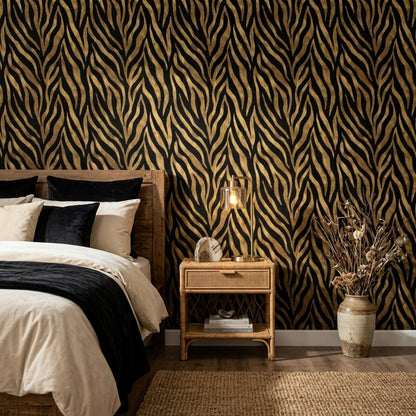Zebra Desenli Duvar Kağıdı Siyah Altın Salon Dekoru
