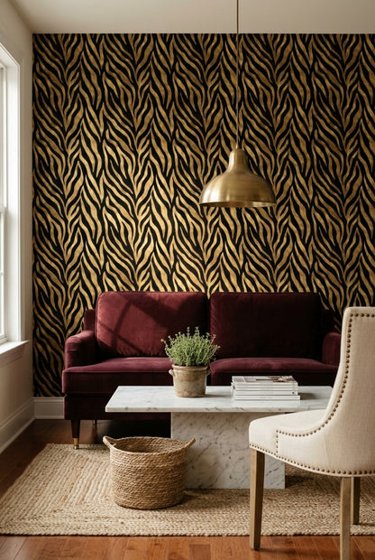 Zebra Desenli Duvar Kağıdı Siyah Altın Salon Dekoru