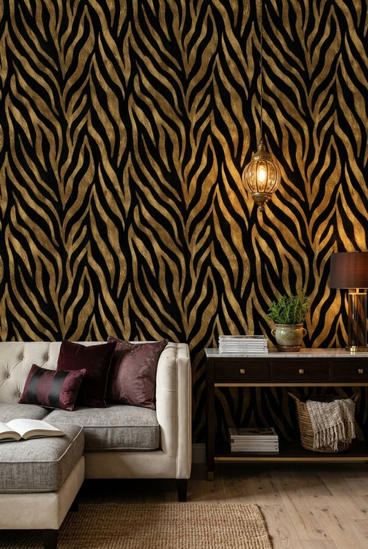 Zebra Desenli Duvar Kağıdı Siyah Altın Salon Dekoru