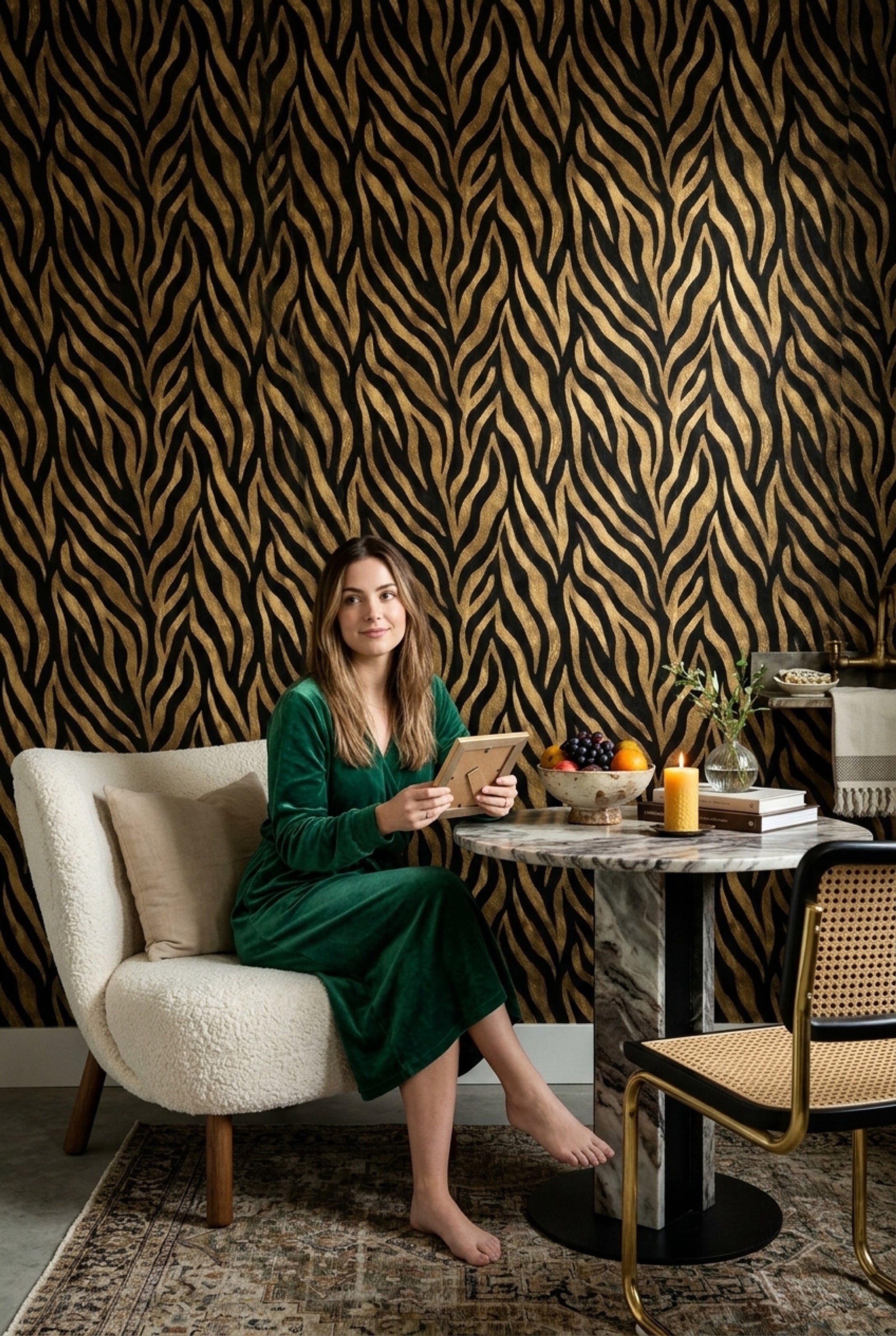 Zebra Desenli Duvar Kağıdı Siyah Altın Salon Dekoru