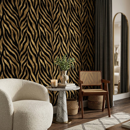 Zebra Desenli Duvar Kağıdı Siyah Altın Salon Dekoru
