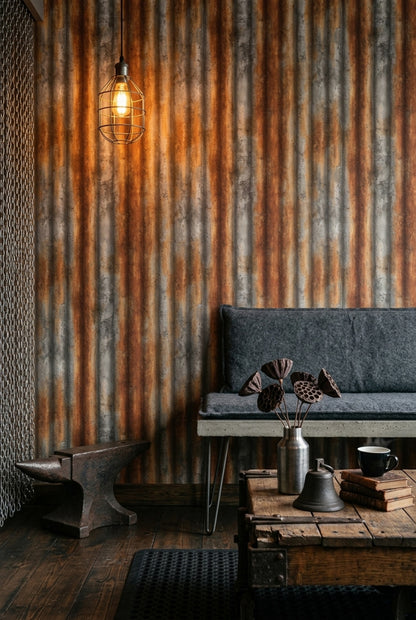Paslı Metal Oluklu Sac Görünümlü Duvar Kağıdı Endüstriyel Salon