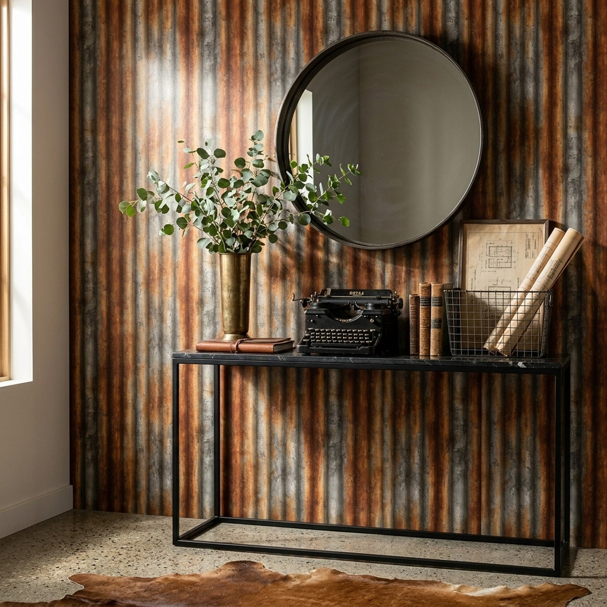 Paslı Metal Oluklu Sac Görünümlü Duvar Kağıdı Endüstriyel Salon