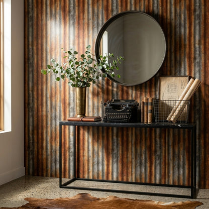 Paslı Metal Oluklu Sac Görünümlü Duvar Kağıdı Endüstriyel Salon