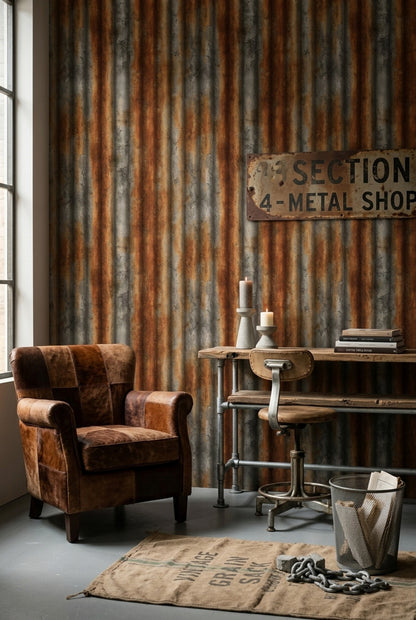 Paslı Metal Oluklu Sac Görünümlü Duvar Kağıdı Endüstriyel Salon