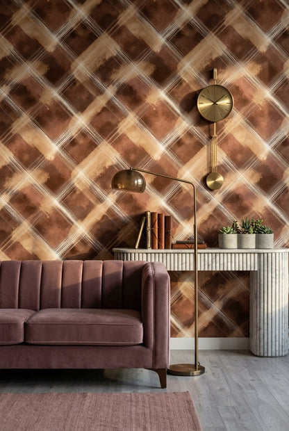 Kahverengi Ekose Desenli Duvar Kağıdı Modern Salon Dekoru
