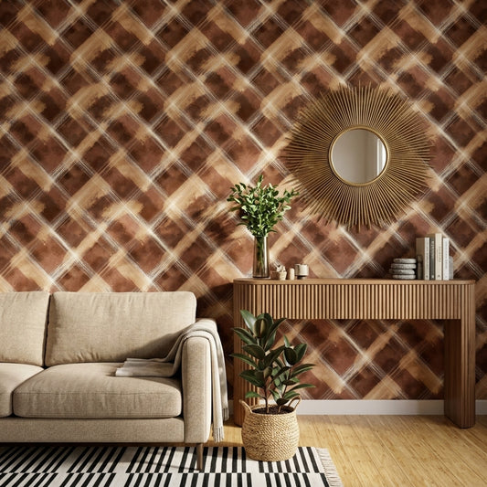 Kahverengi Ekose Desenli Duvar Kağıdı Modern Salon Dekoru