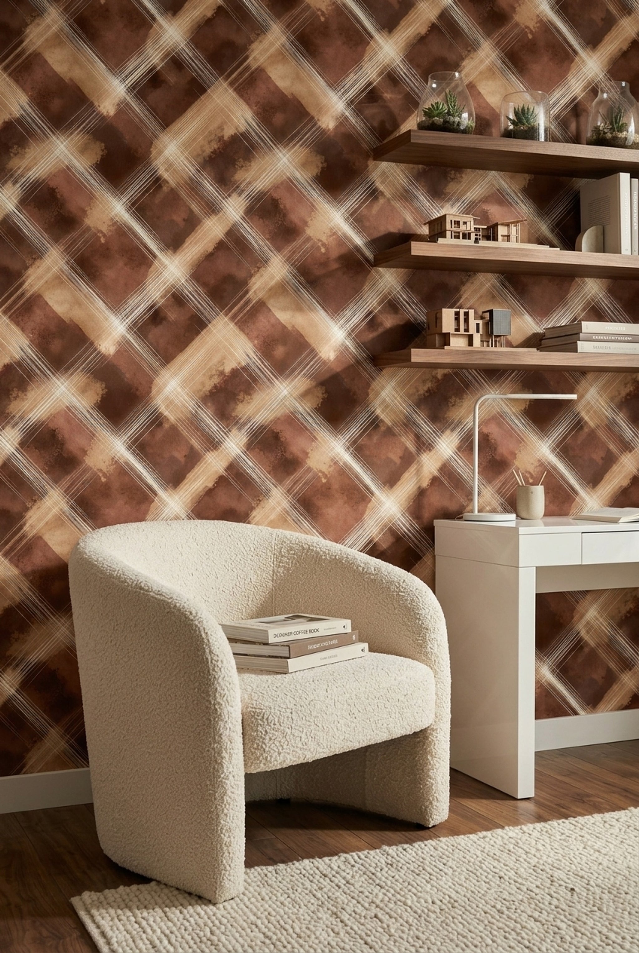 Kahverengi Ekose Desenli Duvar Kağıdı Modern Salon Dekoru
