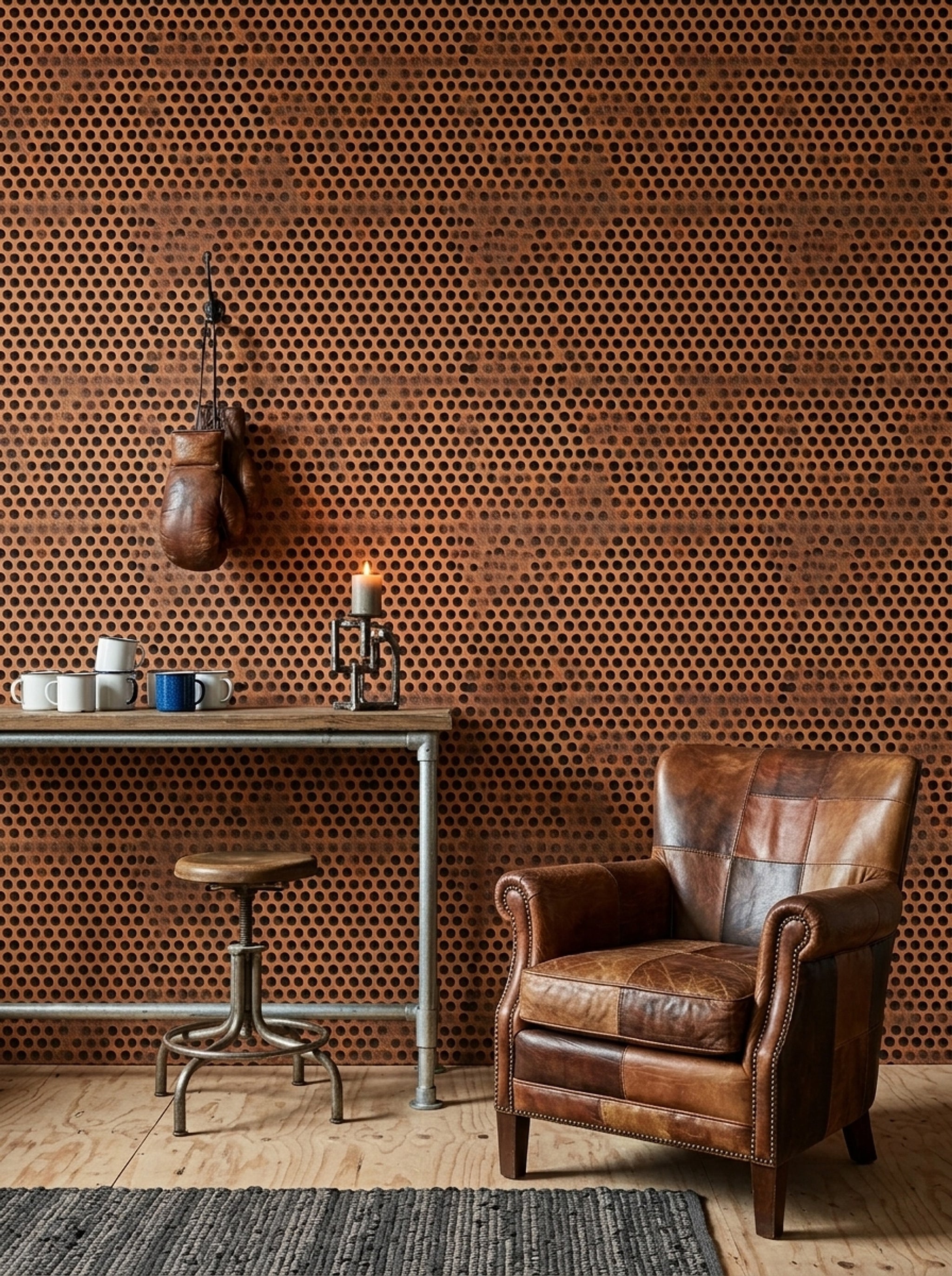 Benekli Geometrik Duvar Kağıdı Kahverengi Modern Yatak Odası