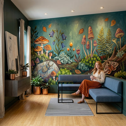 Orman Mantarları Poster Duvar Kağıdı Turkuaz Doğa Teması Salon