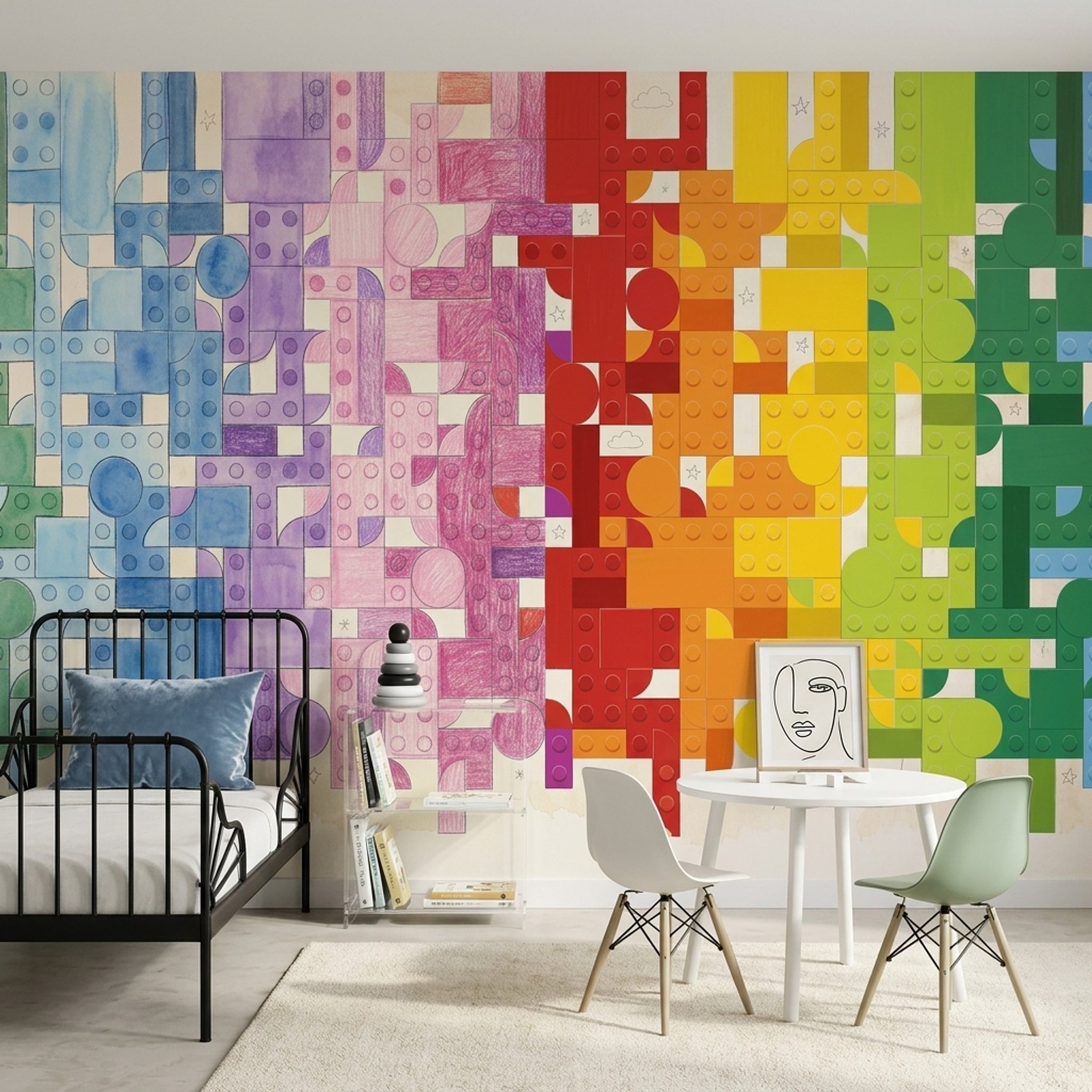 Renkli Geometrik Poster Duvar Kağıdı Çocuk Odası Blok Desenli