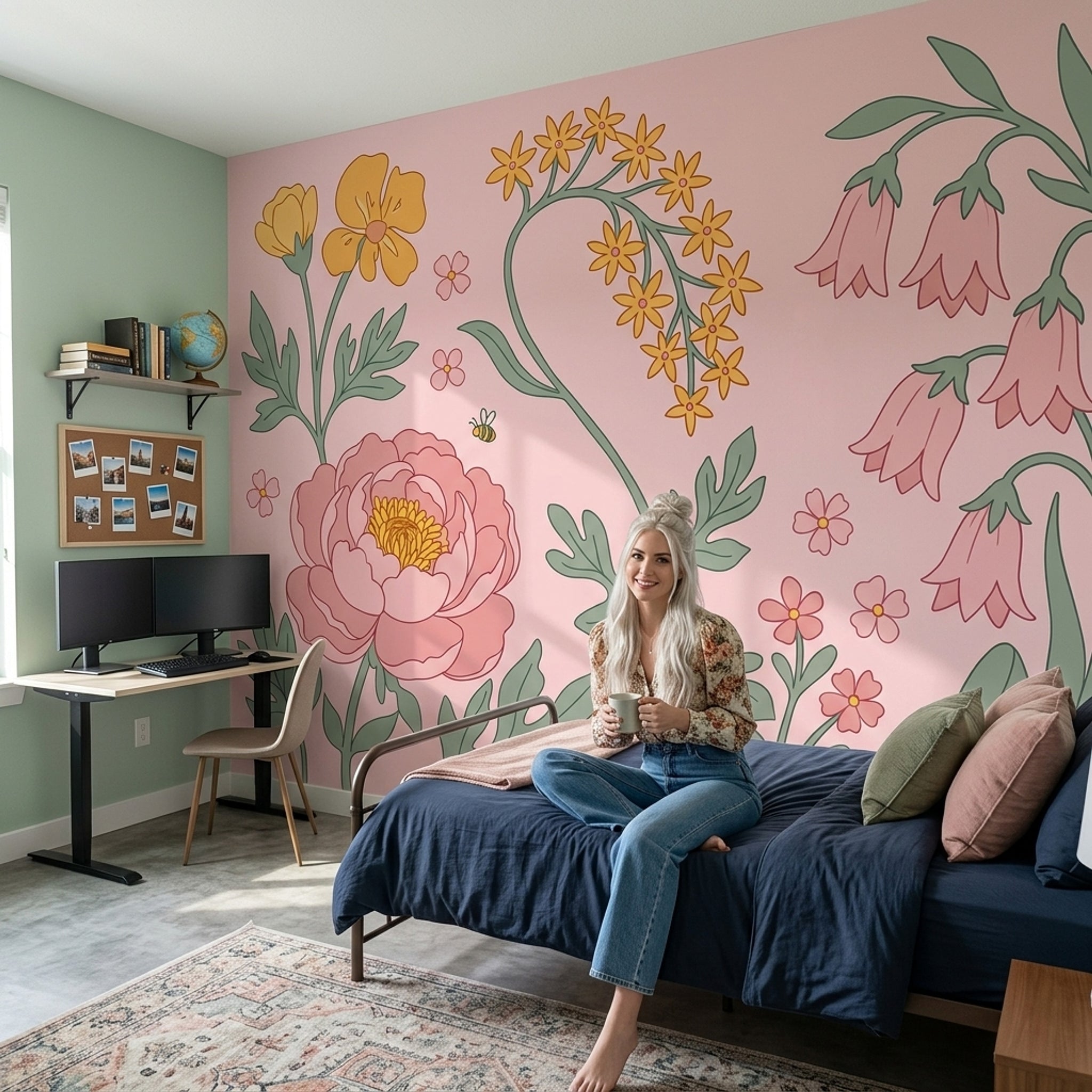 Çizim Çiçekli Poster Duvar Kağıdı Pudra Pembe Salon