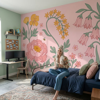 Çizim Çiçekli Poster Duvar Kağıdı Pudra Pembe Salon
