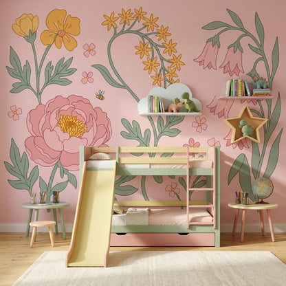 Çizim Çiçekli Poster Duvar Kağıdı Pudra Pembe Salon