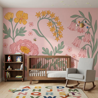Çizim Çiçekli Poster Duvar Kağıdı Pudra Pembe Salon