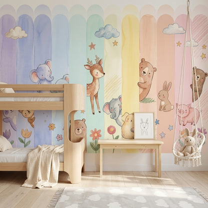 Pastel Orman Hayvanları Poster Duvar Kağıdı Çocuk Odası Desenli