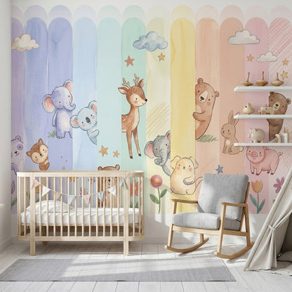 Pastel Orman Hayvanları Poster Duvar Kağıdı Çocuk Odası Desenli