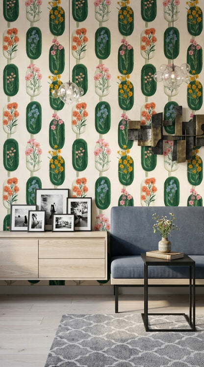 Retro Çiçekli Duvar Kağıdı Yeşil Kapsül Desenli Salon