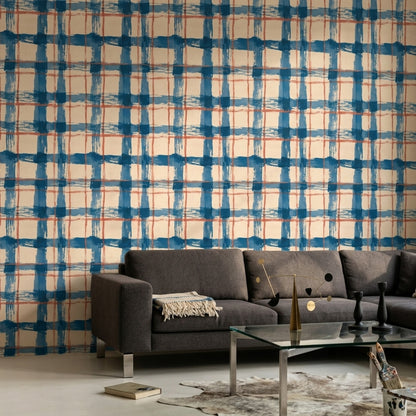 Mavi Kırmızı Ekose Çizgili Duvar Kağıdı Modern Salon