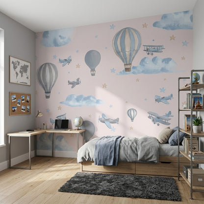 Balon ve Uçak Desenli Poster Duvar Kağıdı Mavi Çocuk Odası