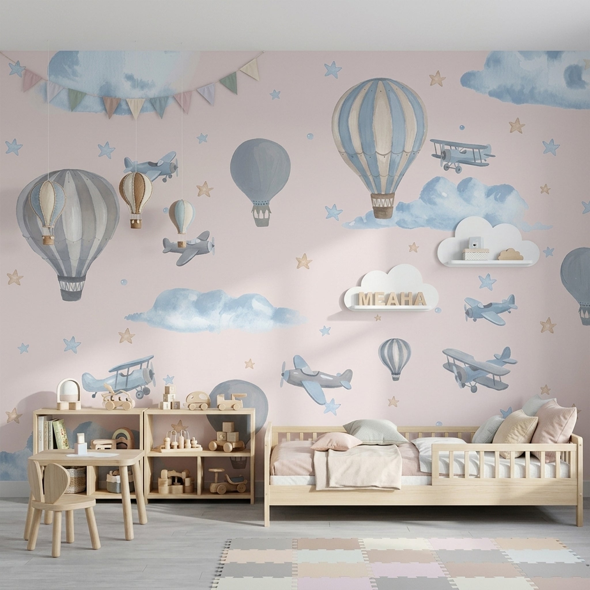 Balon ve Uçak Desenli Poster Duvar Kağıdı Mavi Çocuk Odası