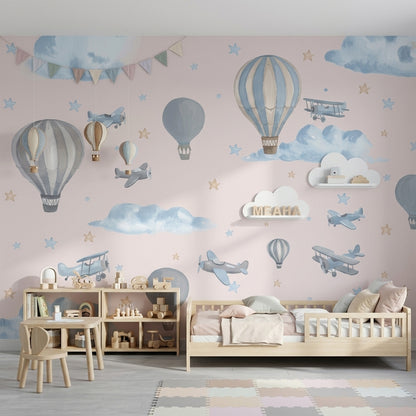 Balon ve Uçak Desenli Poster Duvar Kağıdı Mavi Çocuk Odası