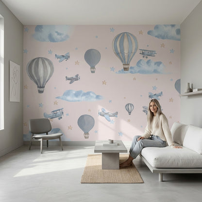 Balon ve Uçak Desenli Poster Duvar Kağıdı Mavi Çocuk Odası