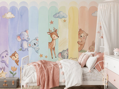 Pastel Orman Hayvanları Poster Duvar Kağıdı Çocuk Odası Desenli