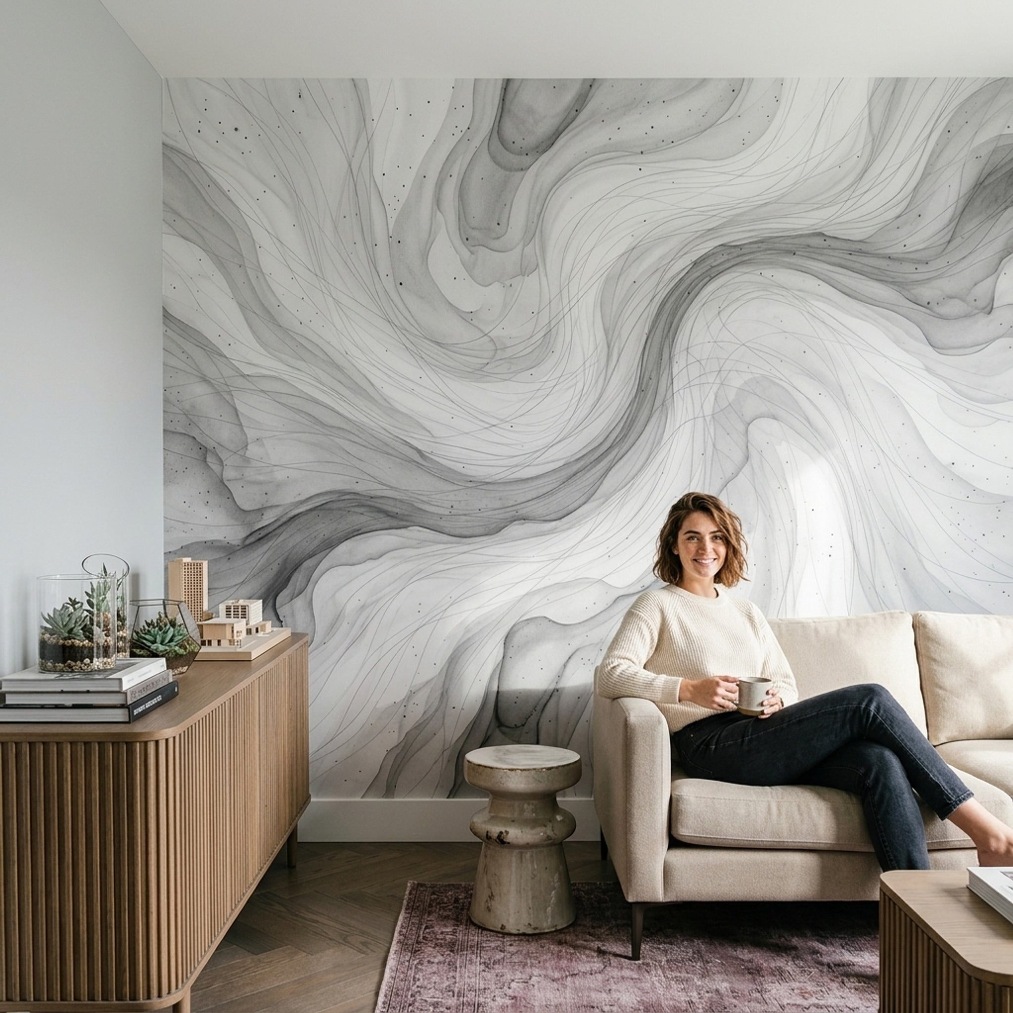 Gri Soyut Mermer Desenli Poster Duvar Kağıdı Modern Salon