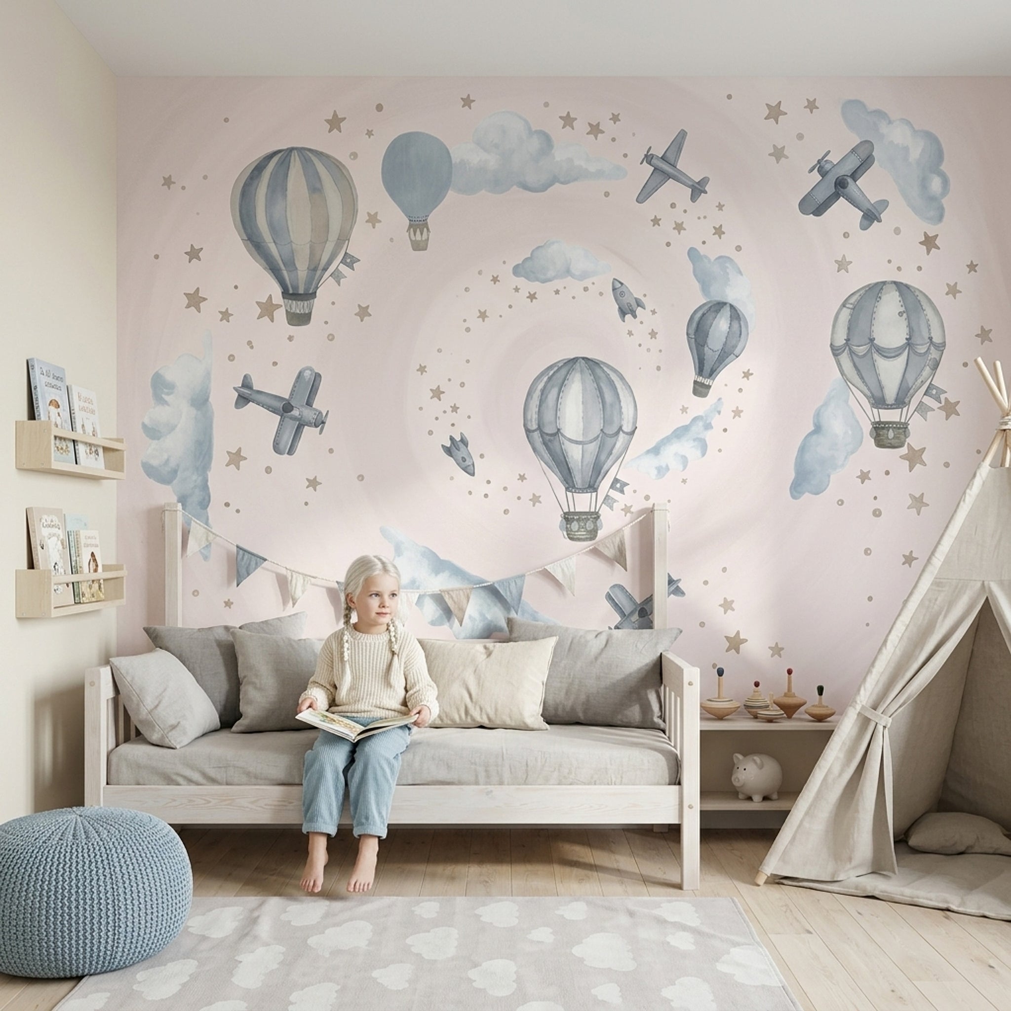 Balon ve Uçaklı Poster Duvar Kağıdı Pastel Mavi Çocuk Odası