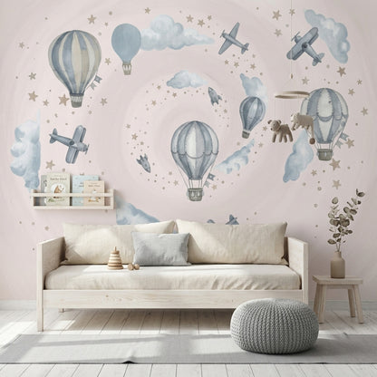Balon ve Uçaklı Poster Duvar Kağıdı Pastel Mavi Çocuk Odası