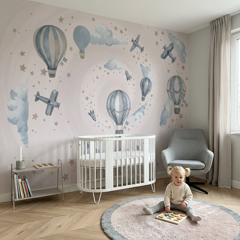 Balon ve Uçaklı Poster Duvar Kağıdı Pastel Mavi Çocuk Odası