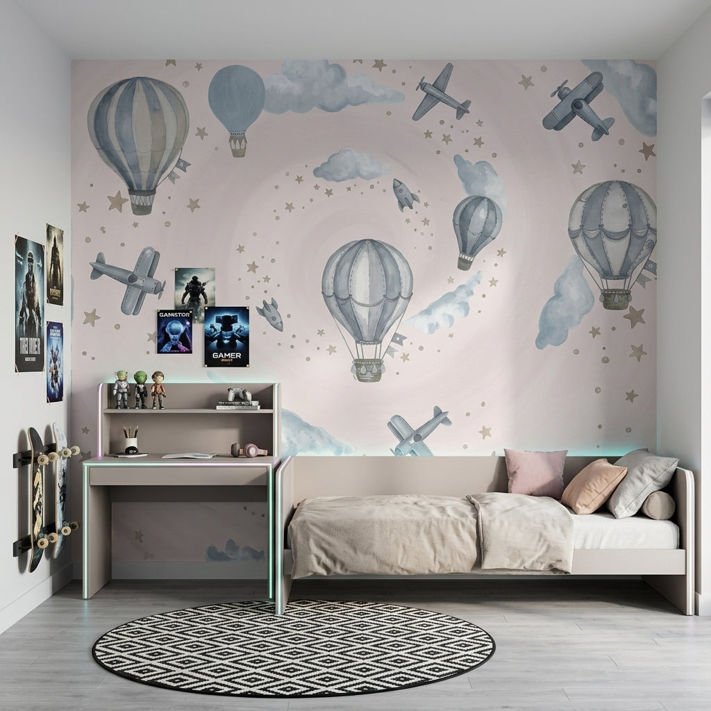 Balon ve Uçaklı Poster Duvar Kağıdı Pastel Mavi Çocuk Odası