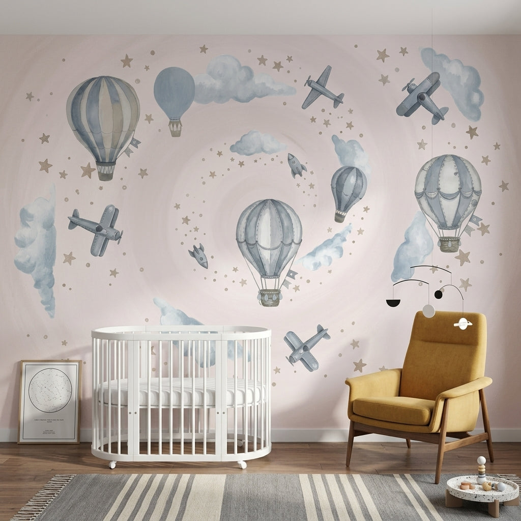 Balon ve Uçaklı Poster Duvar Kağıdı Pastel Mavi Çocuk Odası