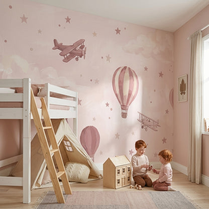 Uçak ve Balonlu Poster Duvar Kağıdı Pudra Pembe Çocuk Odası
