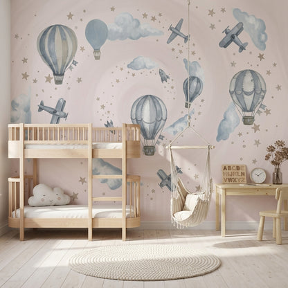Balon ve Uçaklı Poster Duvar Kağıdı Pastel Mavi Çocuk Odası