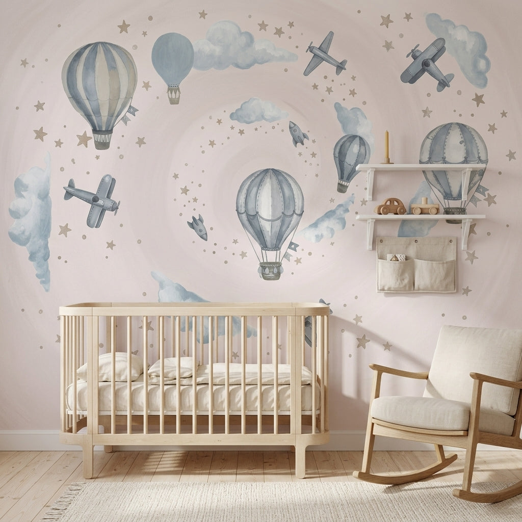 Balon ve Uçaklı Poster Duvar Kağıdı Pastel Mavi Çocuk Odası