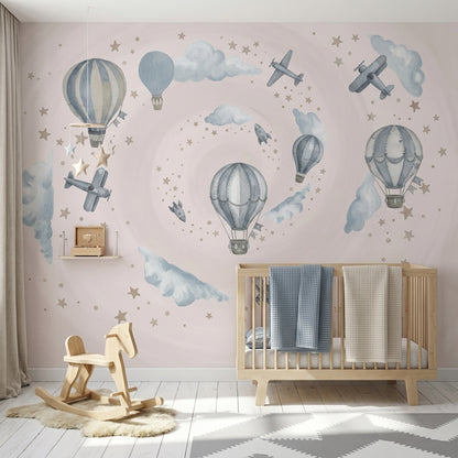 Balon ve Uçaklı Poster Duvar Kağıdı Pastel Mavi Çocuk Odası